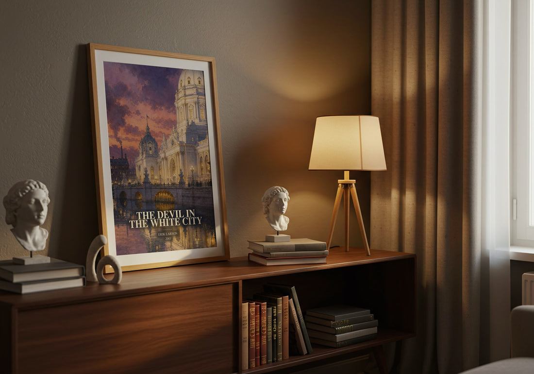 The Devil In The White City watercolour print on bookshelf – Erik Larson fan gift