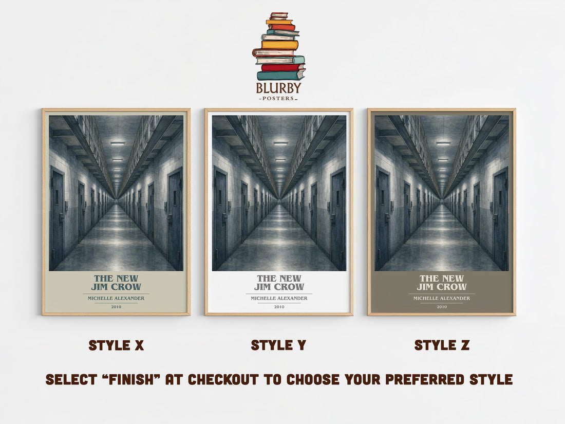 The New Jim Crow book cover print in frame leaning in hallway – non fiction wall art (mockup)