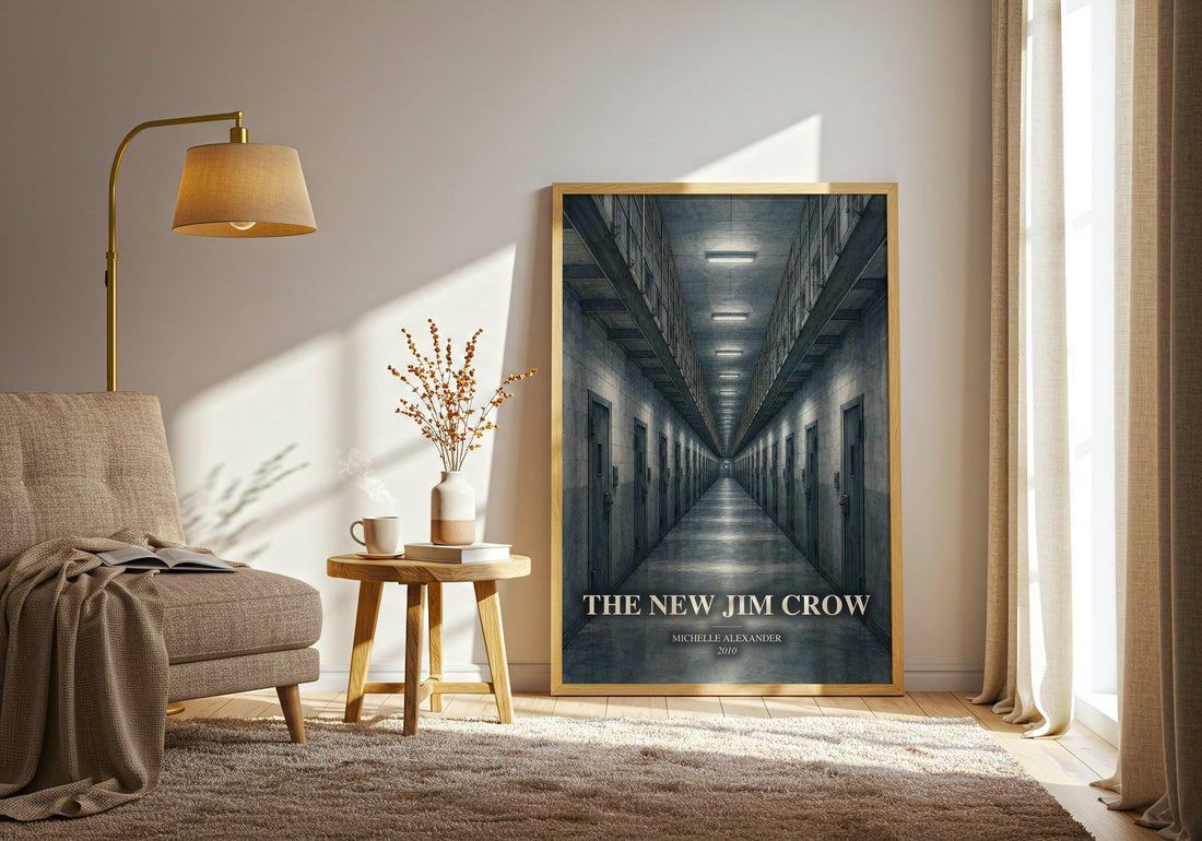 The New Jim Crow watercolour print in frame leaning in hallway – non fiction wall art