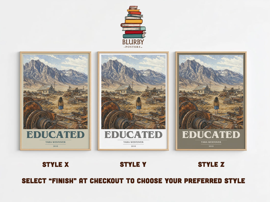 Educated book cover print in frame leaning in hallway – memoir wall art (mockup)