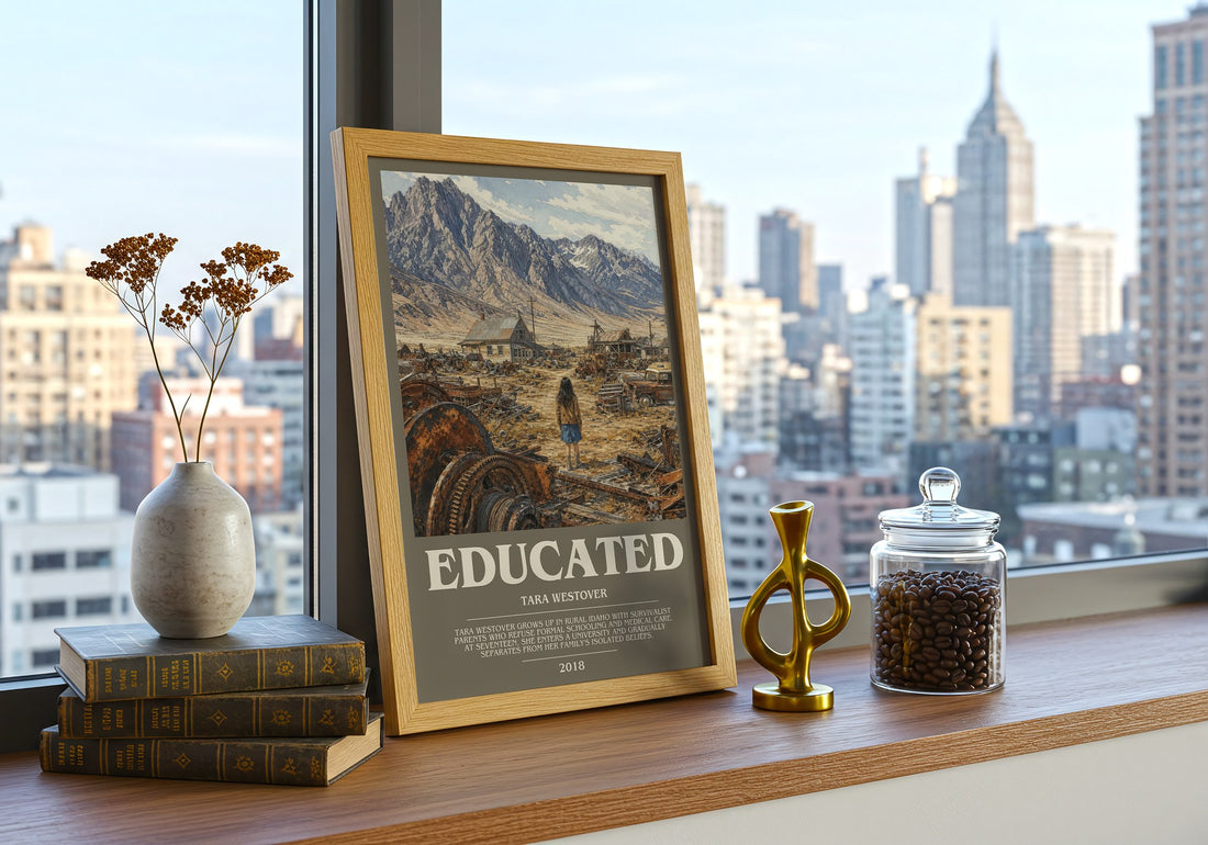 Educated Bookish Wall Art by Tara Westover – framed print on a city-view windowsill