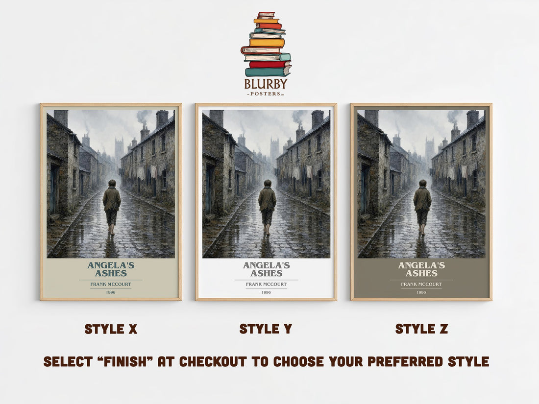 Angela's Ashes book cover print in frame leaning in hallway – memoir wall art (mockup)