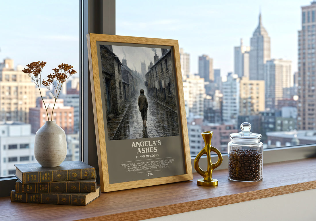 Angela's Ashes Bookish Wall Art by Frank McCourt – framed print on a city-view windowsill