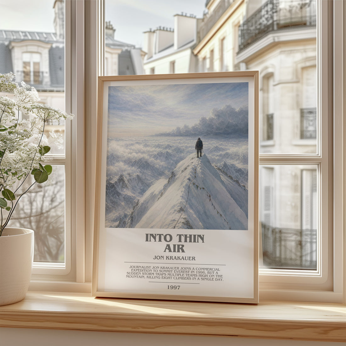 Into Thin Air Bookish Wall Art by Jon Krakauer – framed print by a bright window