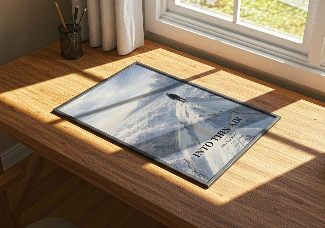 Into Thin Air watercolour book poster framed on wall – memoir wall art