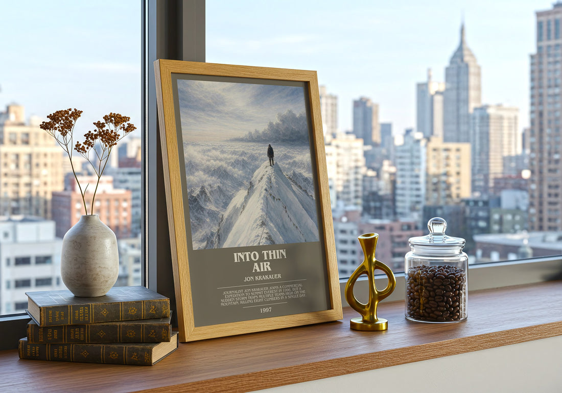 Into Thin Air Bookish Wall Art by Jon Krakauer – framed print on a city-view windowsill