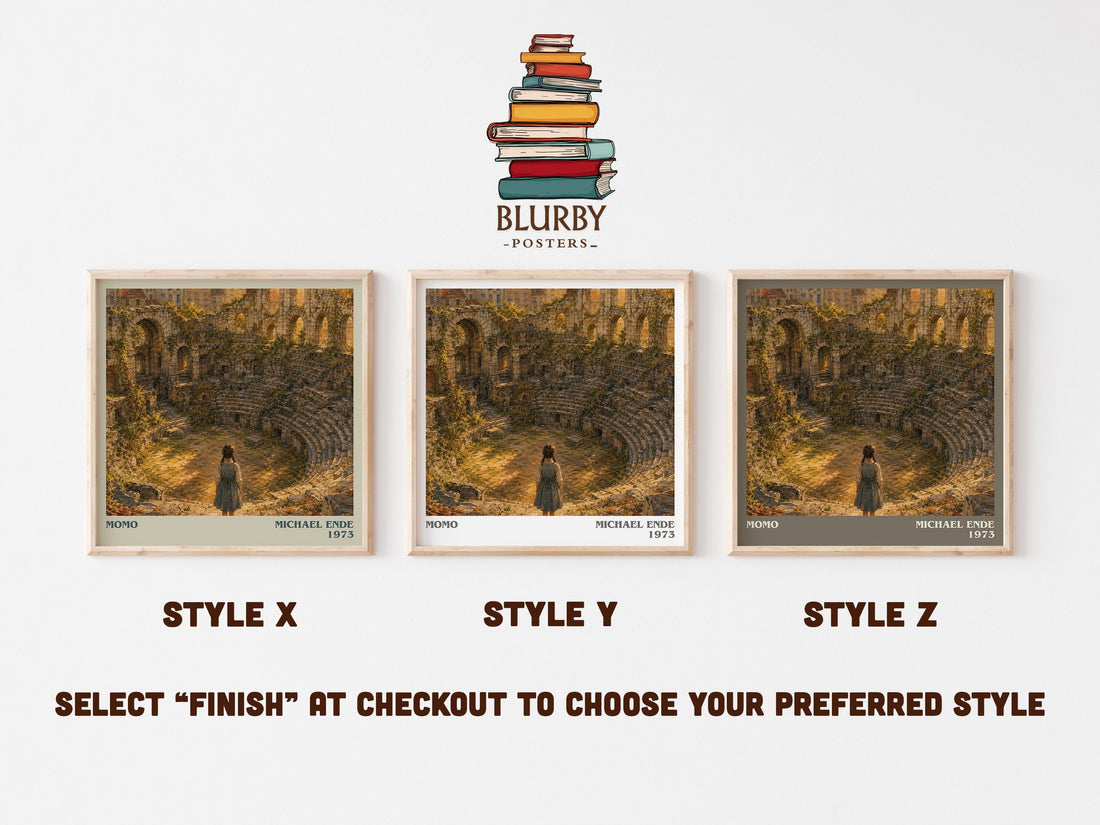 Momo literary print in frame leaning in hallway – fantasy wall art (mockup)