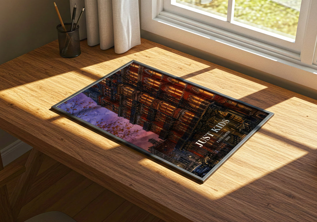 Just Kids watercolour book poster framed on wall – memoir wall art