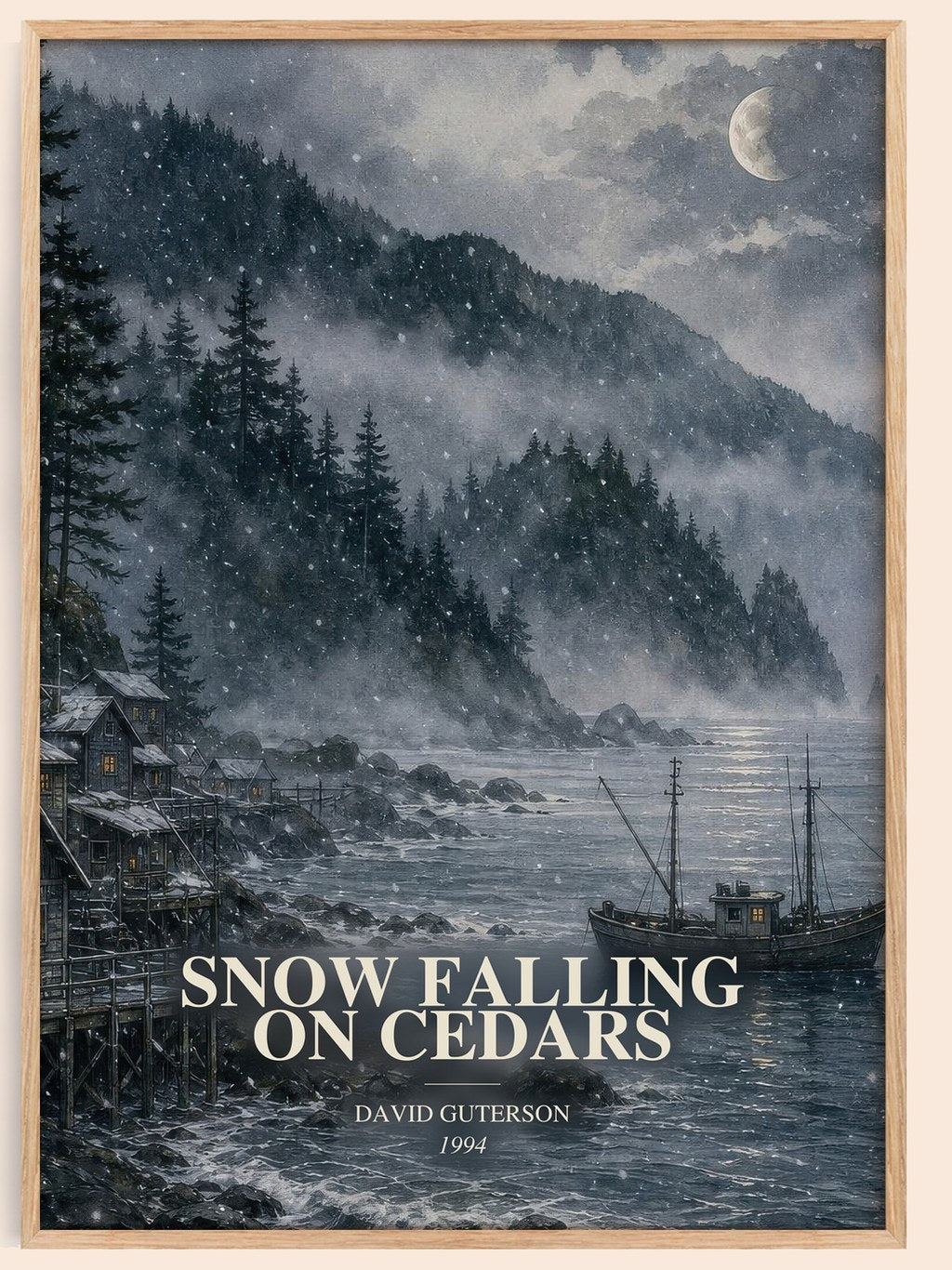 Snow Falling on Cedars watercolour book poster by David Guterson – framed literary art print