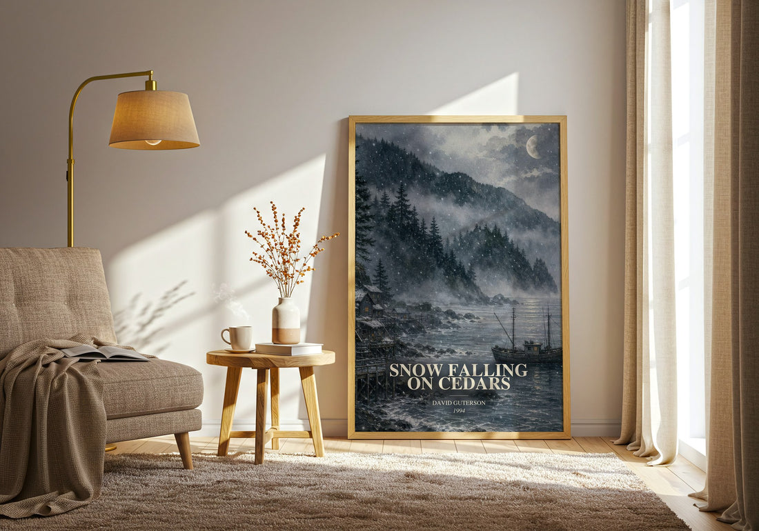 Snow Falling on Cedars watercolour print in frame leaning in hallway – literary fiction wall art