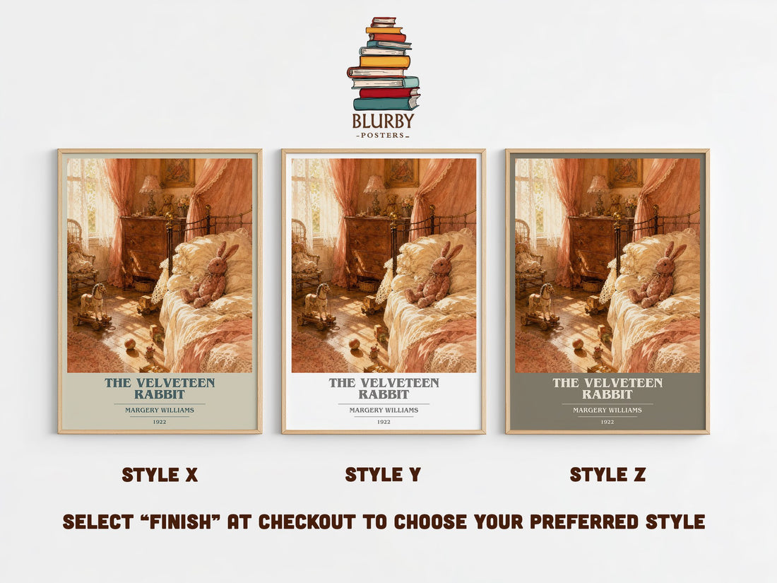 The Velveteen Rabbit book cover print in frame leaning in hallway – childrens wall art (mockup)