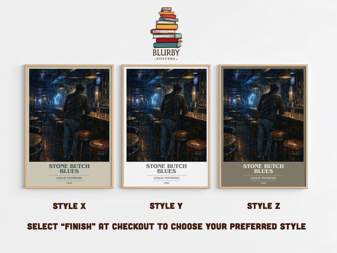 Stone Butch Blues book cover print in frame leaning in hallway – contemporary fiction wall art (mockup)
