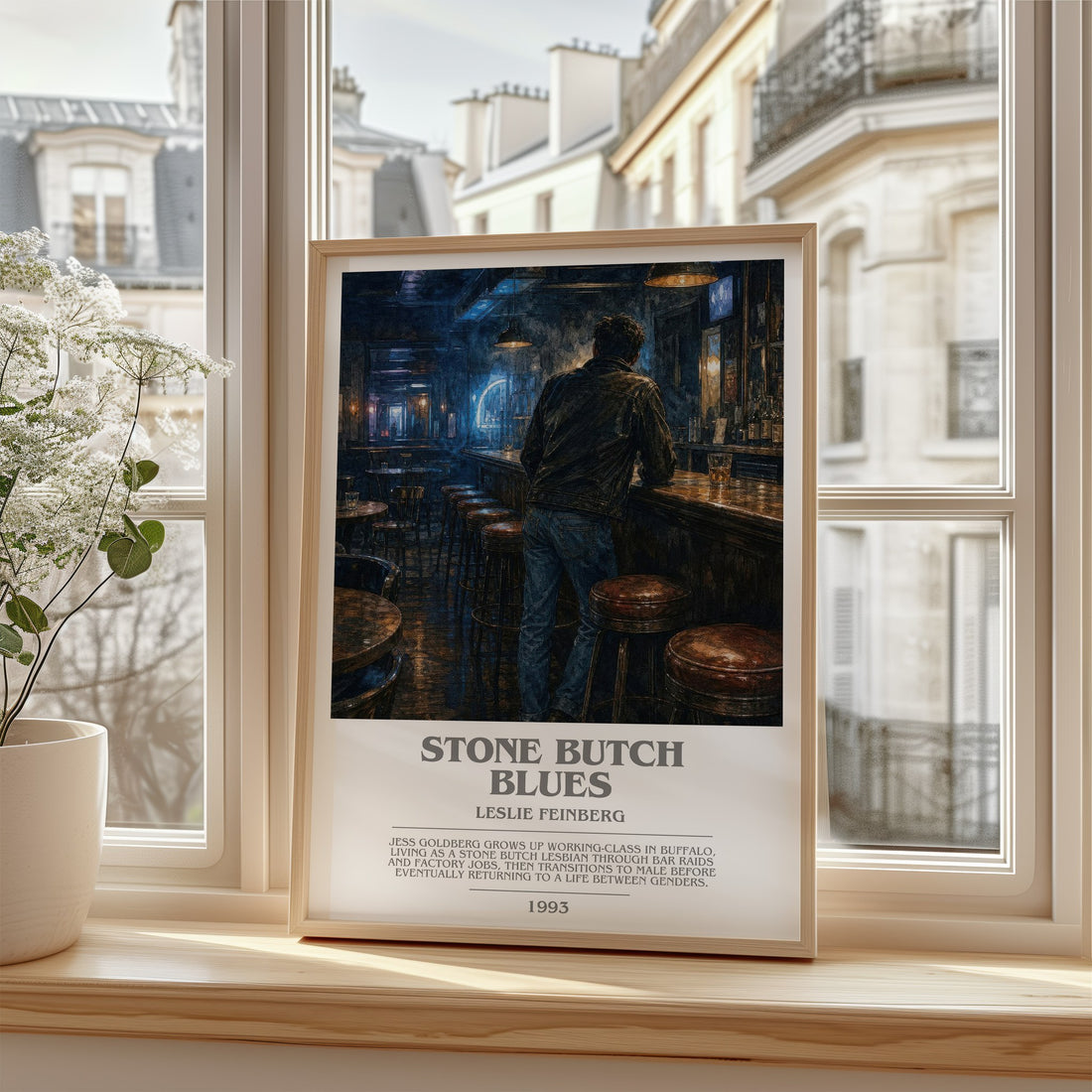 Stone Butch Blues Bookish Wall Art by Leslie Feinberg – framed print by a bright window