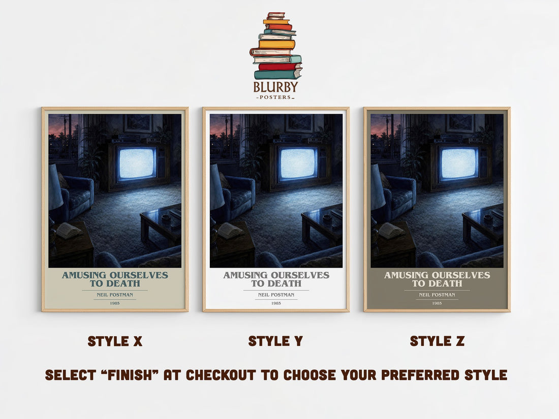 Amusing Ourselves To Death book cover print in frame leaning in hallway – __new__:educational wall art (mockup)