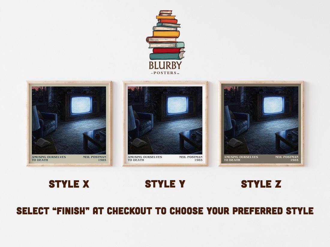 Amusing Ourselves To Death literary print in frame leaning in hallway – __new__:educational wall art (mockup)