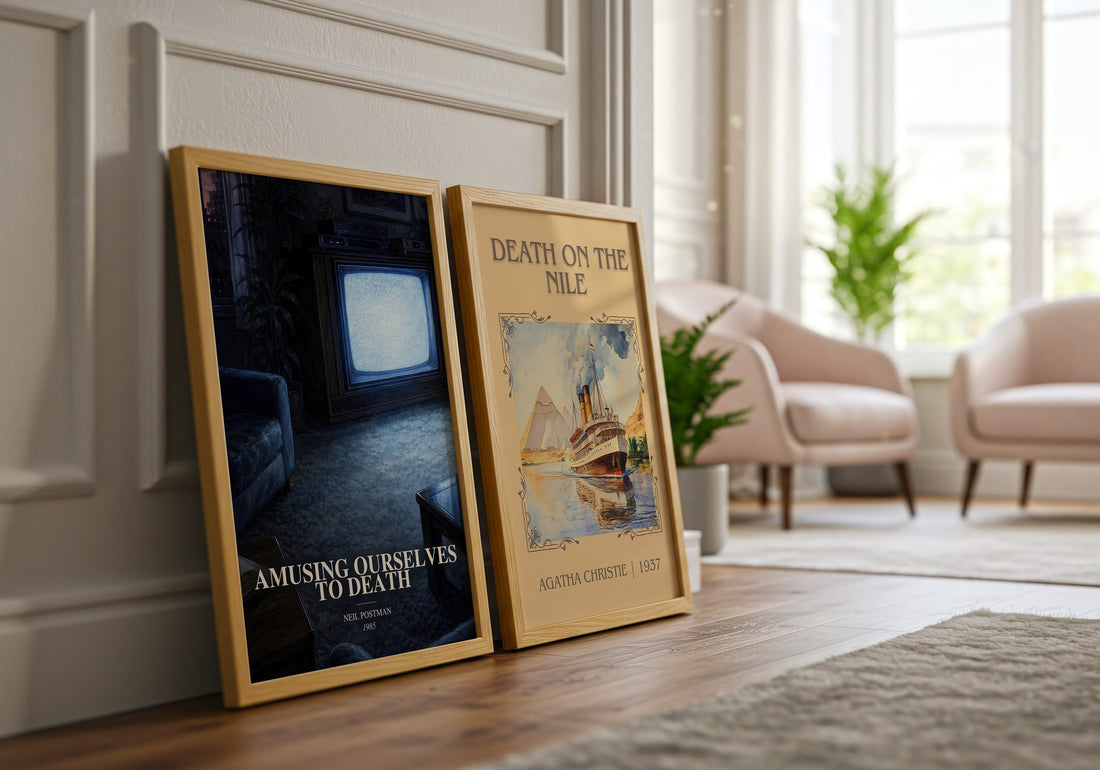 Amusing Ourselves To Death watercolour print framed by window – literary home decor