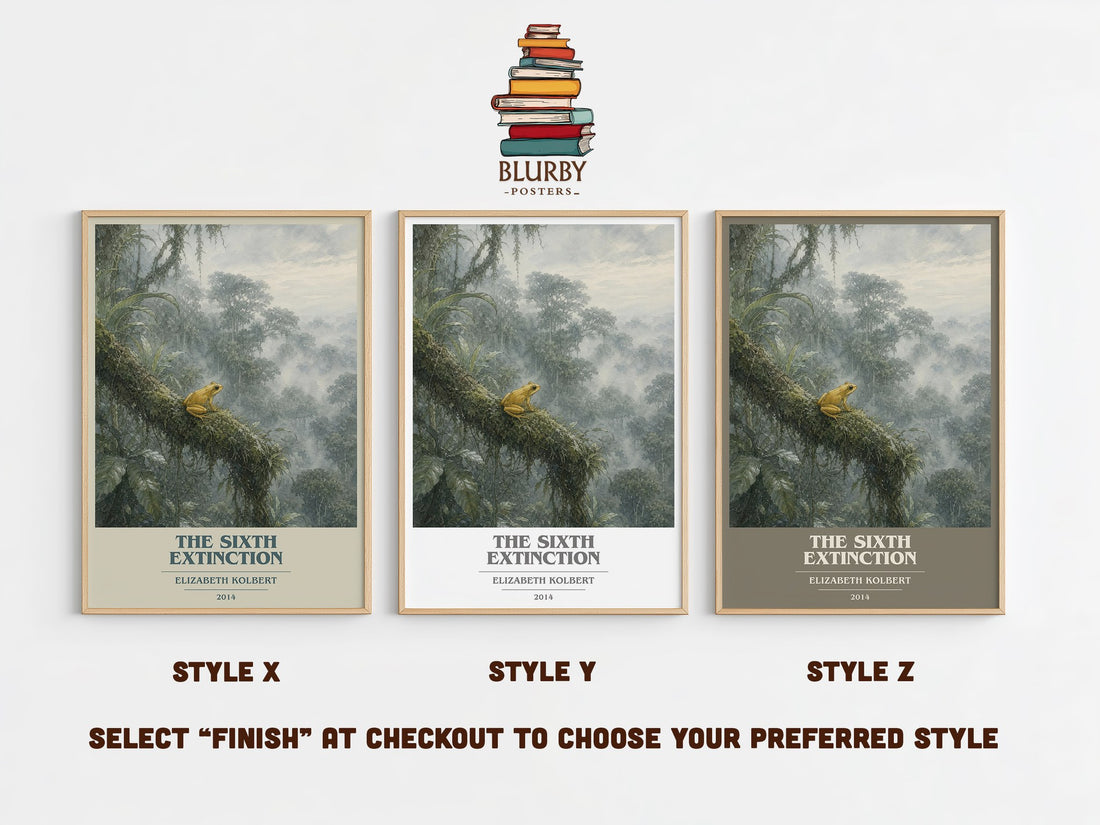 The Sixth Extinction book cover print in frame leaning in hallway – non fiction wall art (mockup)