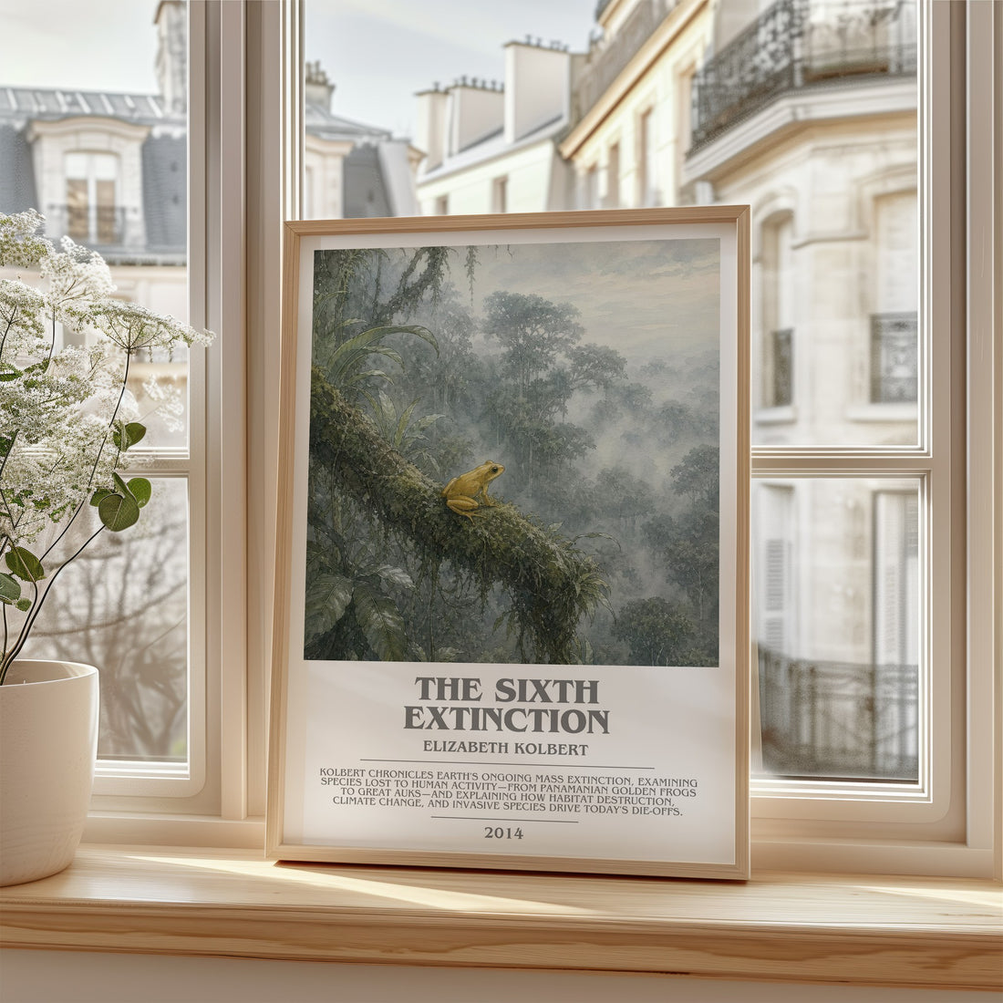 The Sixth Extinction Bookish Wall Art by Elizabeth Kolbert – framed print by a bright window