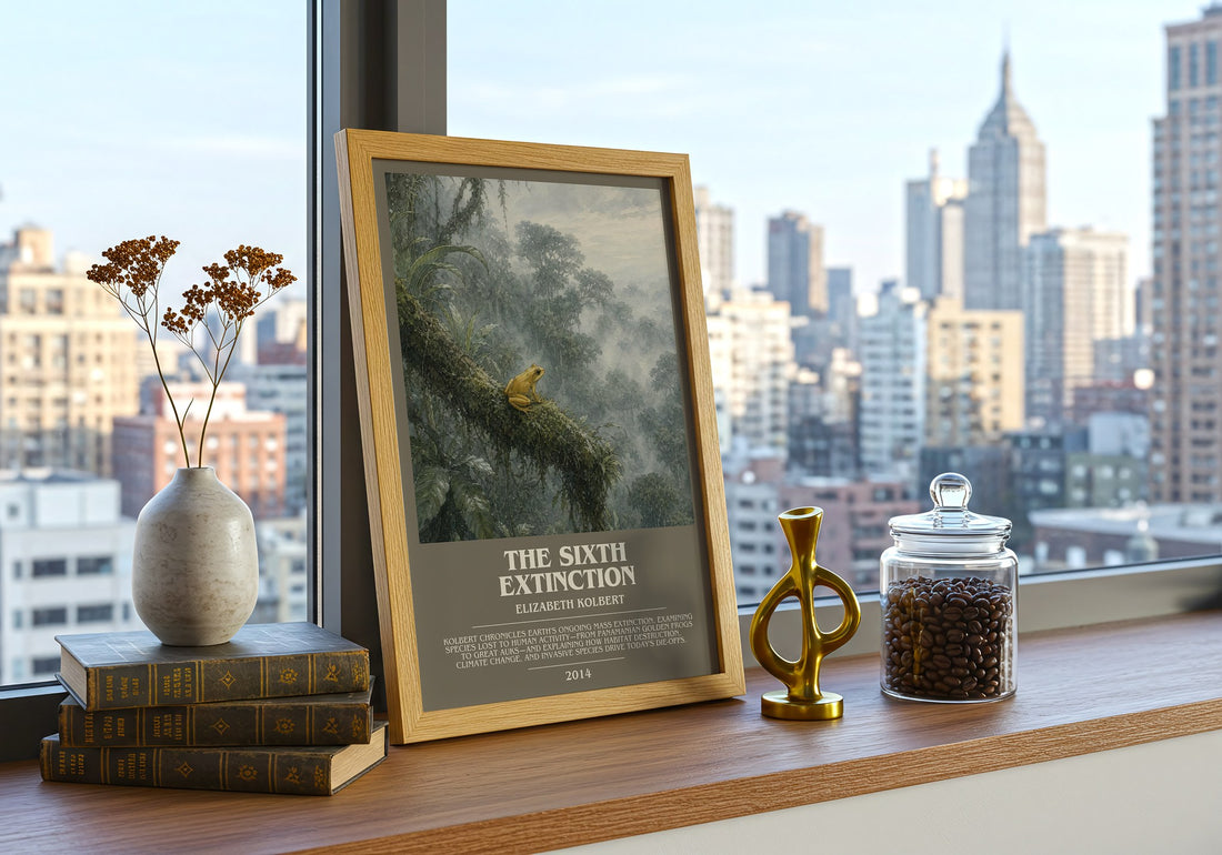 The Sixth Extinction Bookish Wall Art by Elizabeth Kolbert – framed print on a city-view windowsill