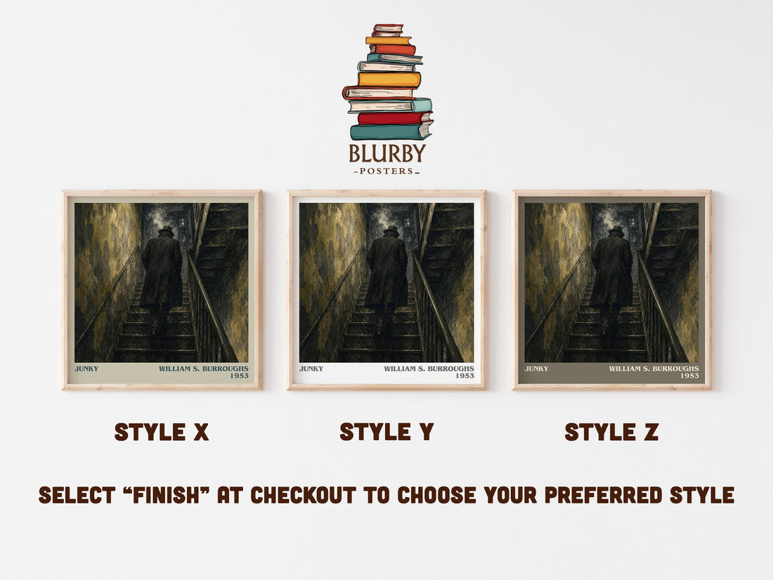 Junky literary print in frame leaning in hallway – memoir wall art (mockup)