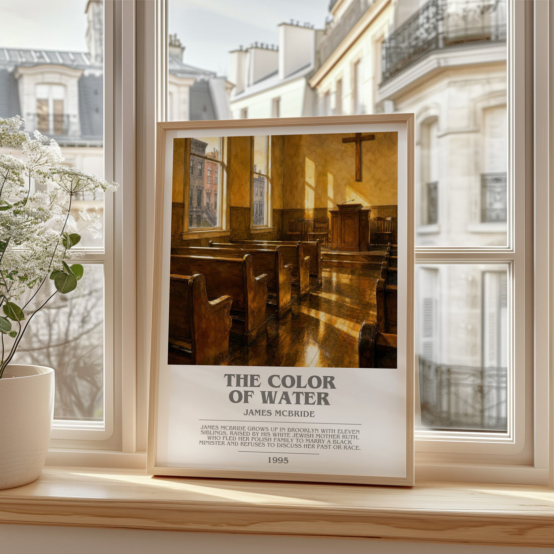 The Color of Water bookish print in frame leaning in hallway – memoir wall art