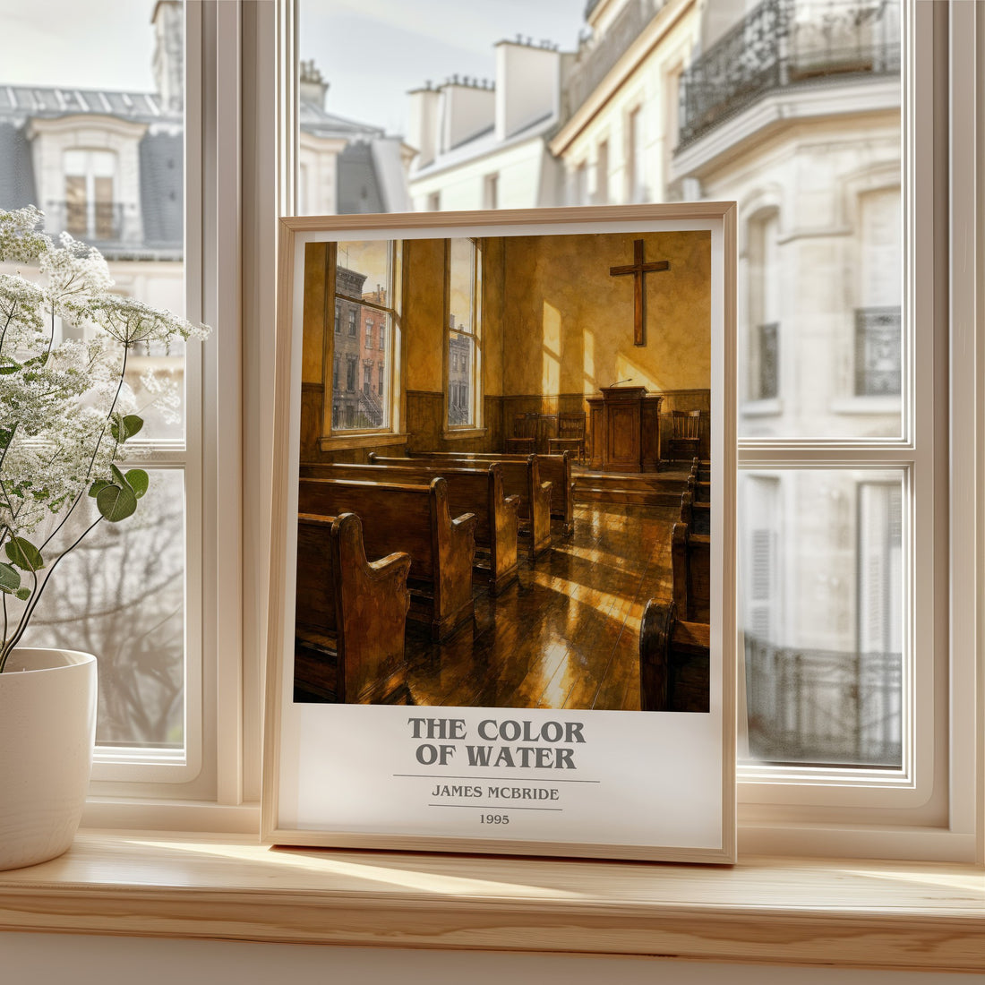 The Color of Water book cover print in frame leaning in hallway – memoir wall art