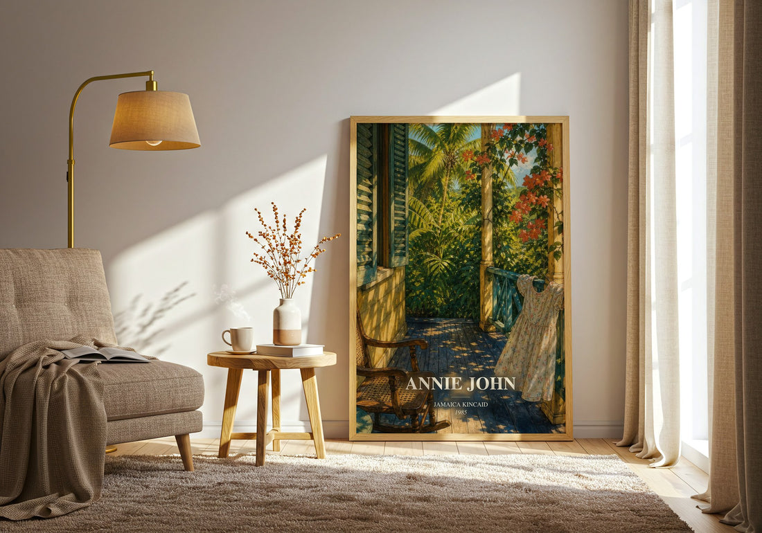 Annie John watercolour print in frame leaning in hallway – coming of age wall art