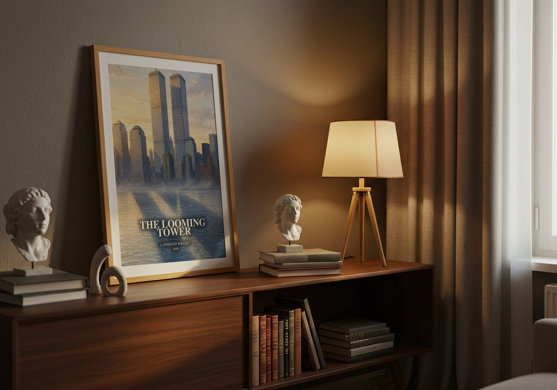 The Looming Tower watercolour print on bookshelf – Lawrence Wright fan gift