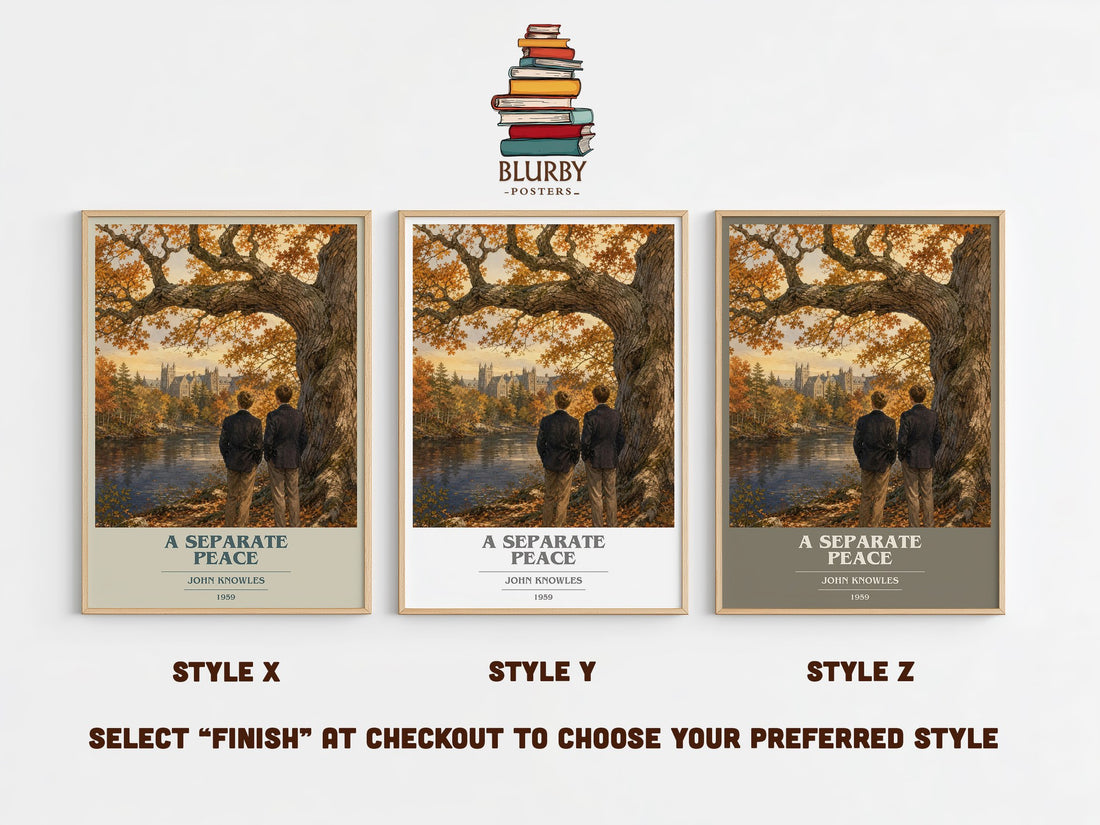 A Separate Peace book cover print in frame leaning in hallway – coming of age wall art (mockup)