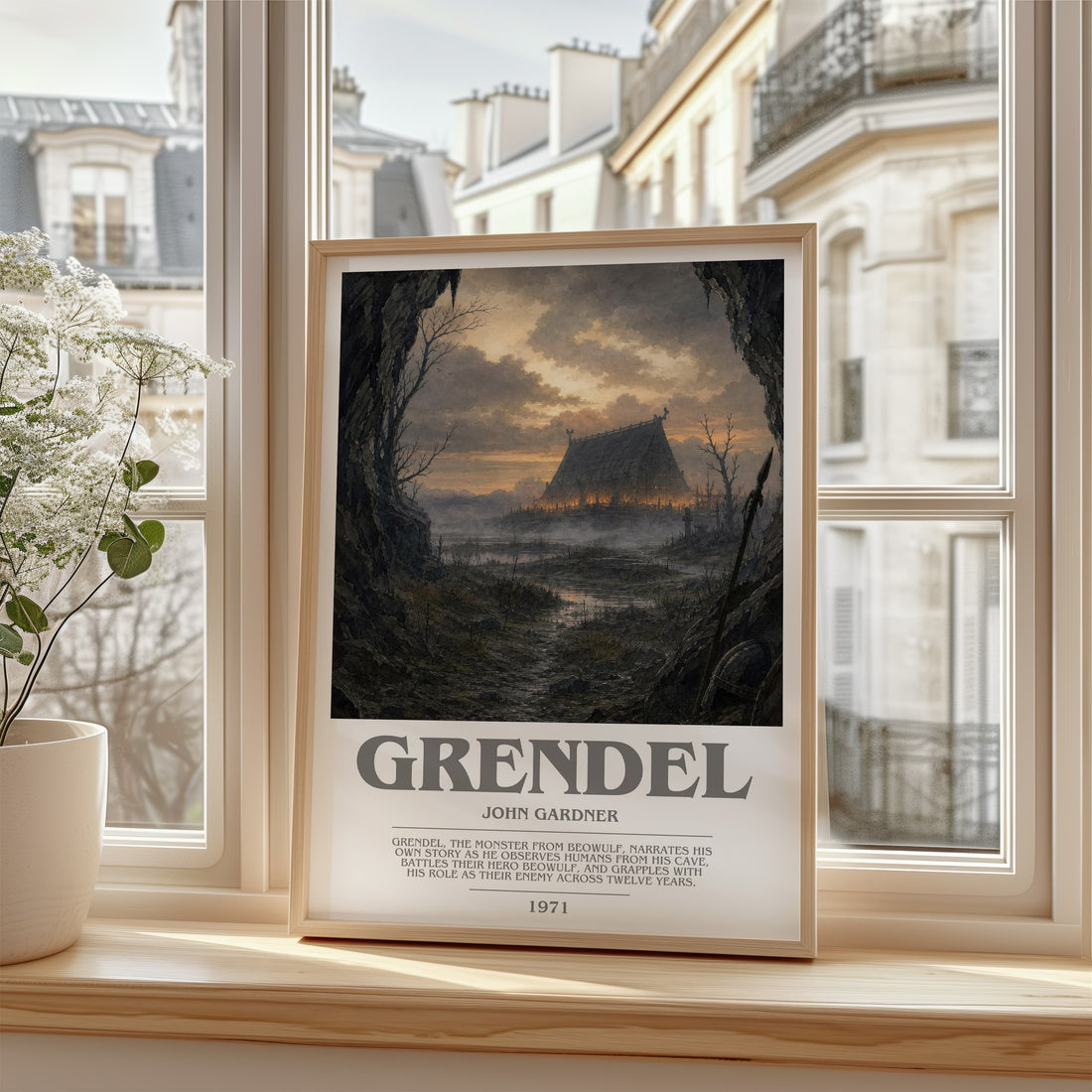 Grendel Bookish Wall Art by John Gardner – framed print by a bright window