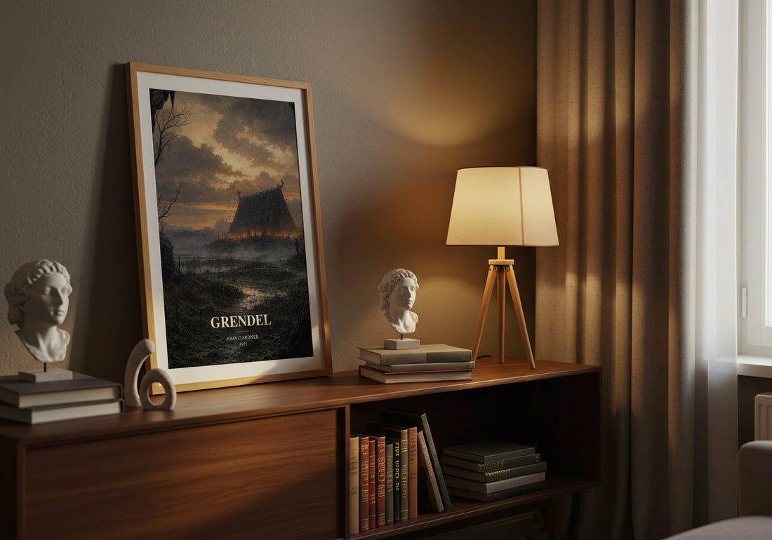 Grendel watercolour print on bookshelf – John Gardner fan gift