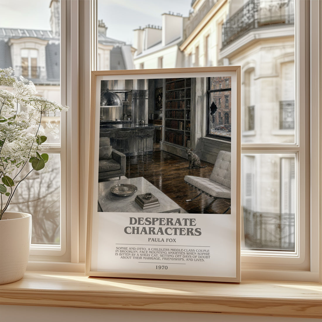Desperate Characters Bookish Wall Art by Paula Fox – framed print by a bright window