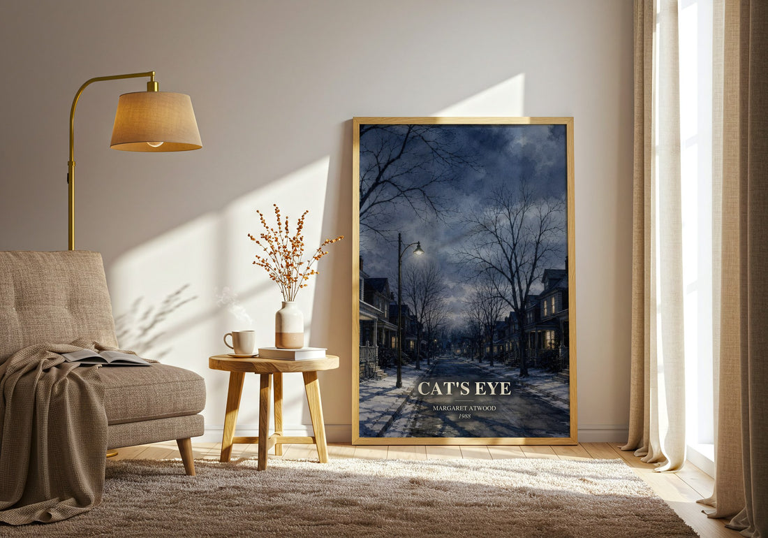 Cat's Eye watercolour print in frame leaning in hallway – literary fiction wall art