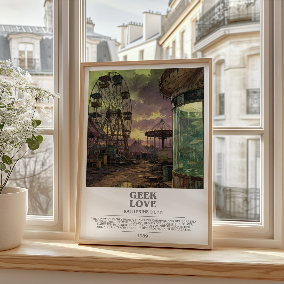 Geek Love Bookish Wall Art by Katherine Dunn – framed print by a bright window