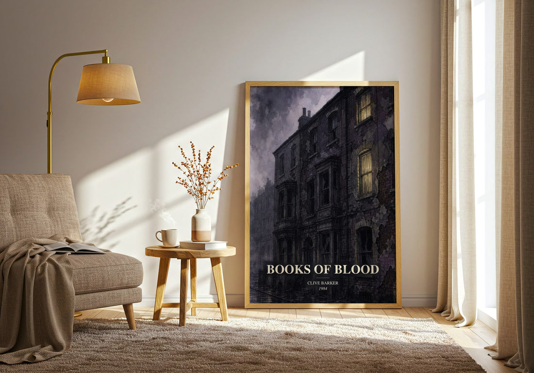 Books of Blood watercolour print in frame leaning in hallway – horror wall art