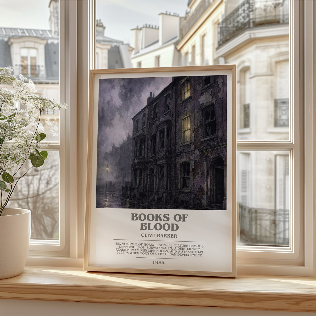 Books of Blood Bookish Wall Art by Clive Barker – framed print by a bright window