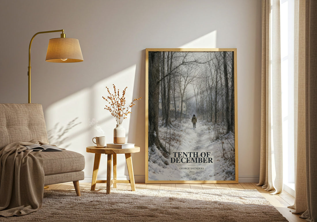Tenth of December watercolour print in frame leaning in hallway – literary fiction wall art