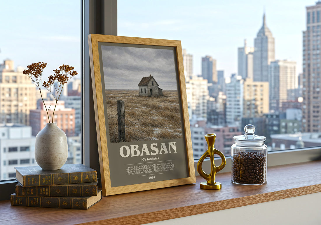 Obasan Bookish Wall Art by Joy Kogawa – framed print on a city-view windowsill