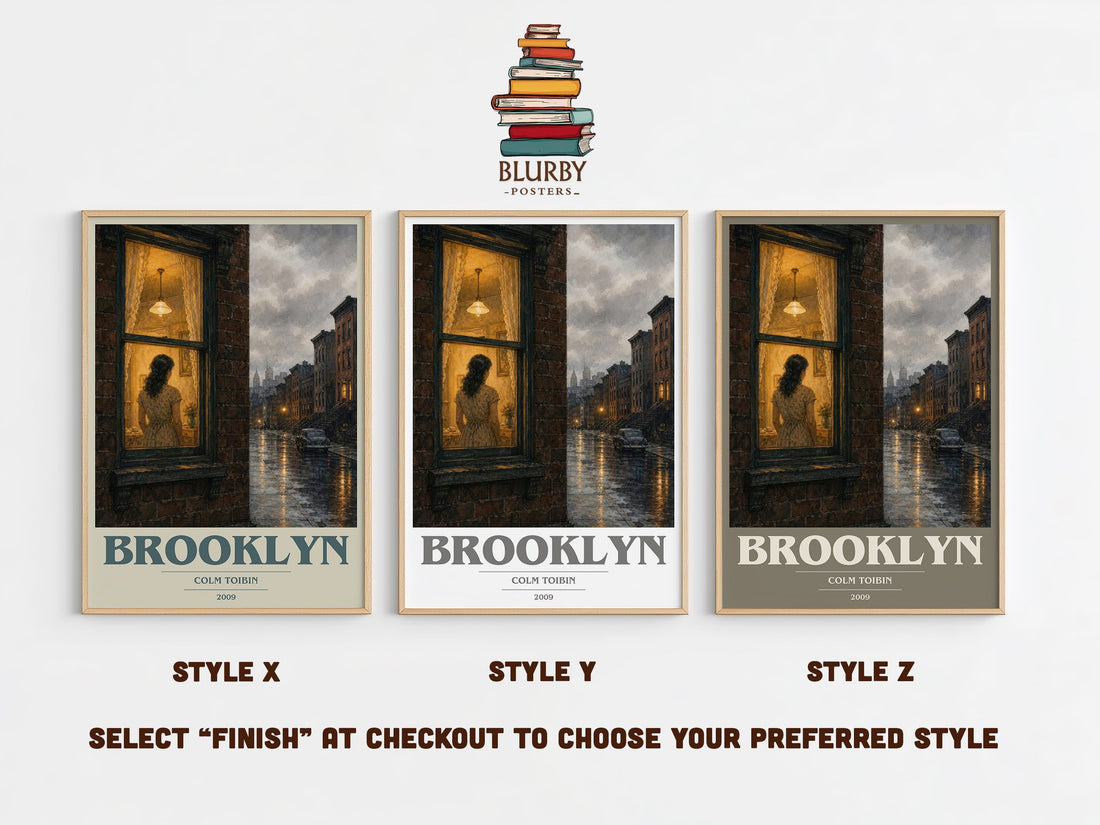 Brooklyn book cover print in frame leaning in hallway – literary fiction wall art (mockup)