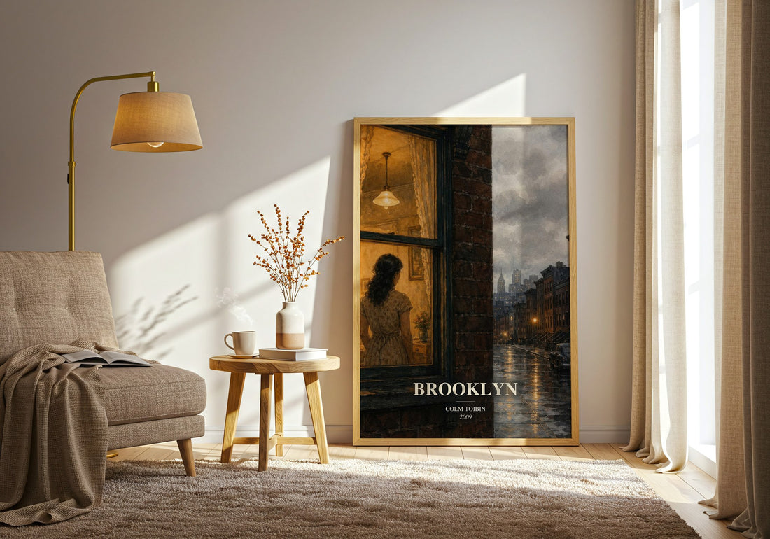 Brooklyn watercolour print in frame leaning in hallway – literary fiction wall art