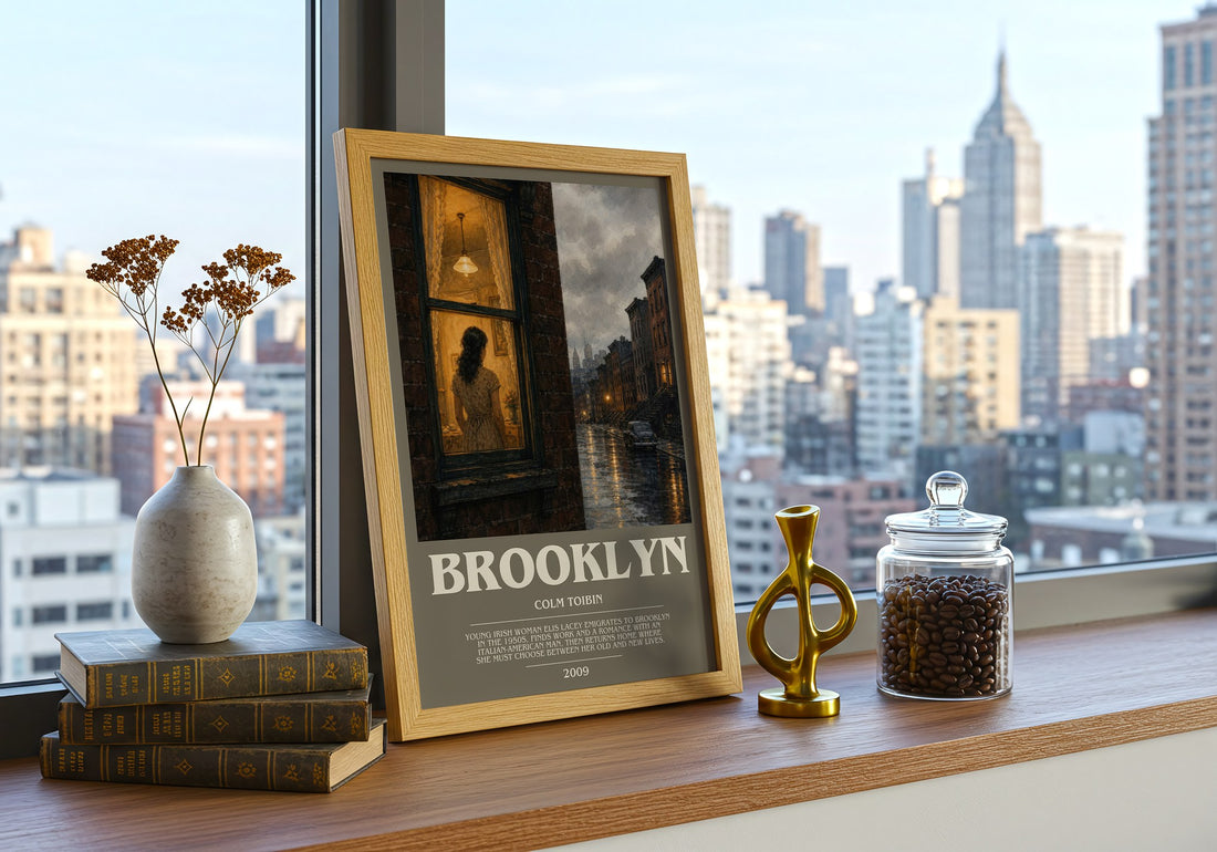 Brooklyn Bookish Wall Art by Colm Toibin – framed print on a city-view windowsill