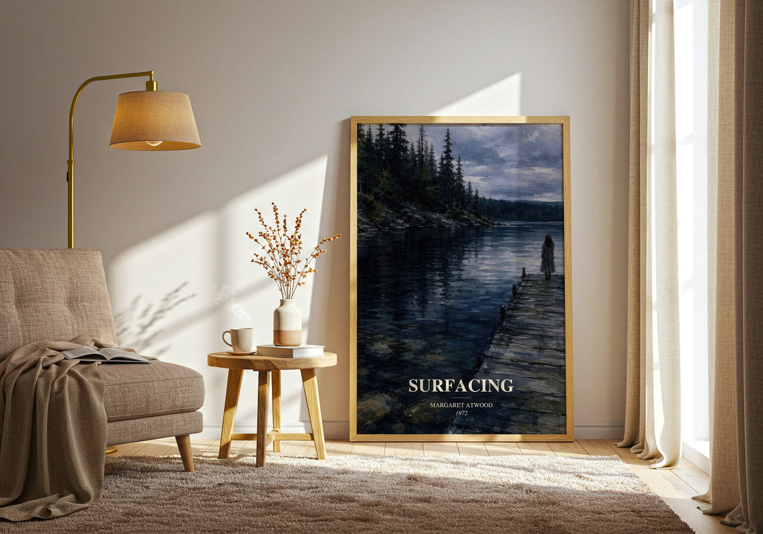 Surfacing watercolour print in frame leaning in hallway – literary fiction wall art