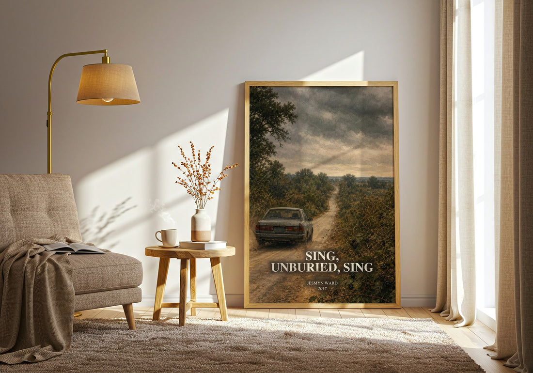 Sing, Unburied, Sing watercolour print in frame leaning in hallway – literary fiction wall art