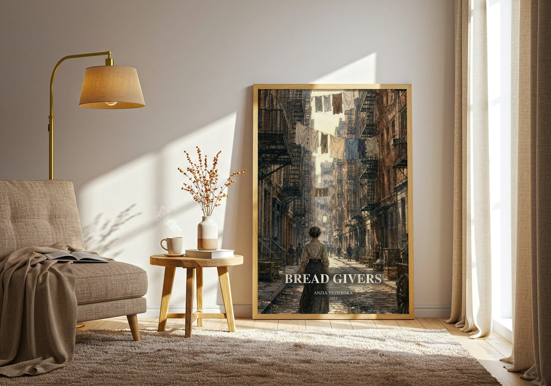 Bread Givers watercolour print in frame leaning in hallway – literary fiction wall art