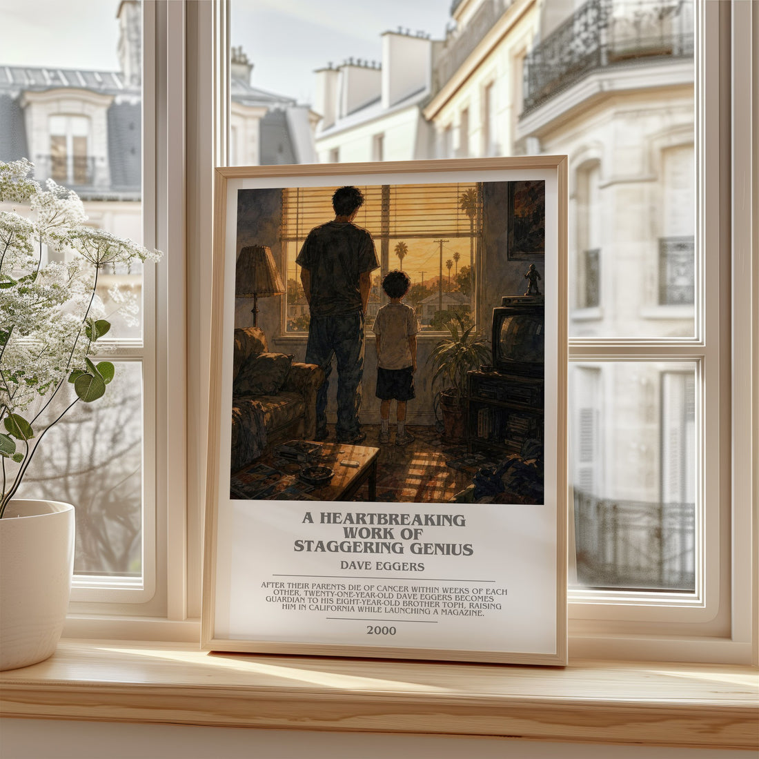 Heartbreaking Work of Staggering Genius Bookish Wall Art by D. Eggers – framed print by a bright window