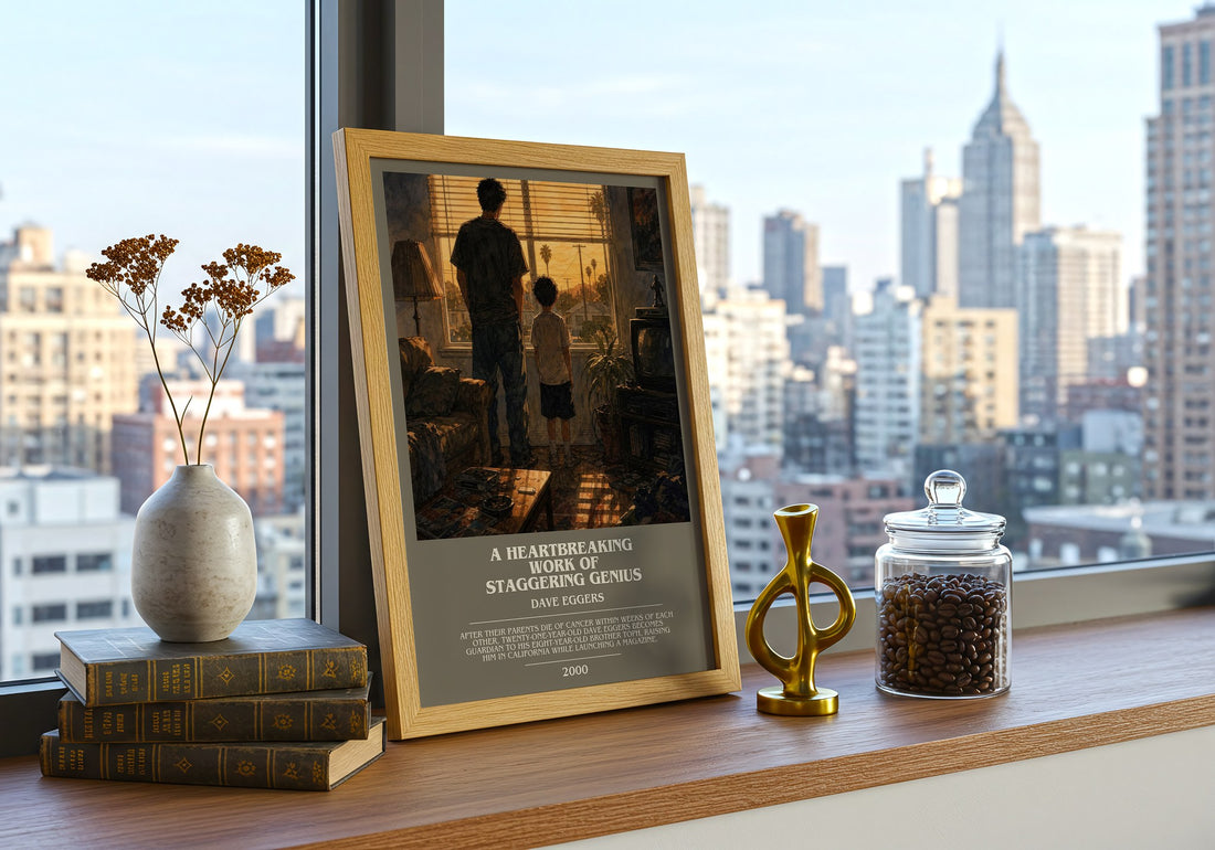 Heartbreaking Work of Staggering Genius Bookish Wall Art by D. Eggers – framed print on a city-view windowsill