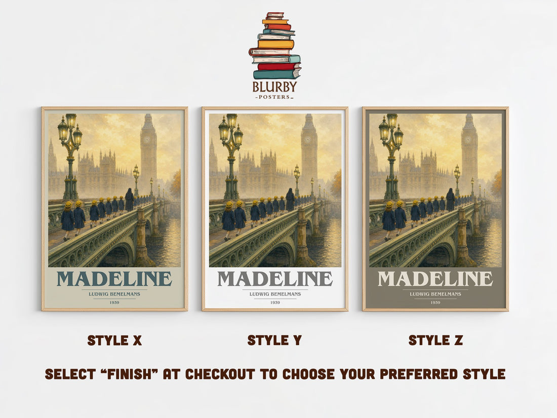 Madeline book cover print in frame leaning in hallway – childrens wall art (mockup)