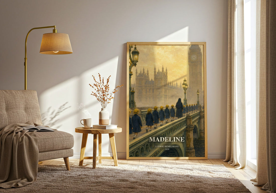 Madeline watercolour print in frame leaning in hallway – childrens wall art