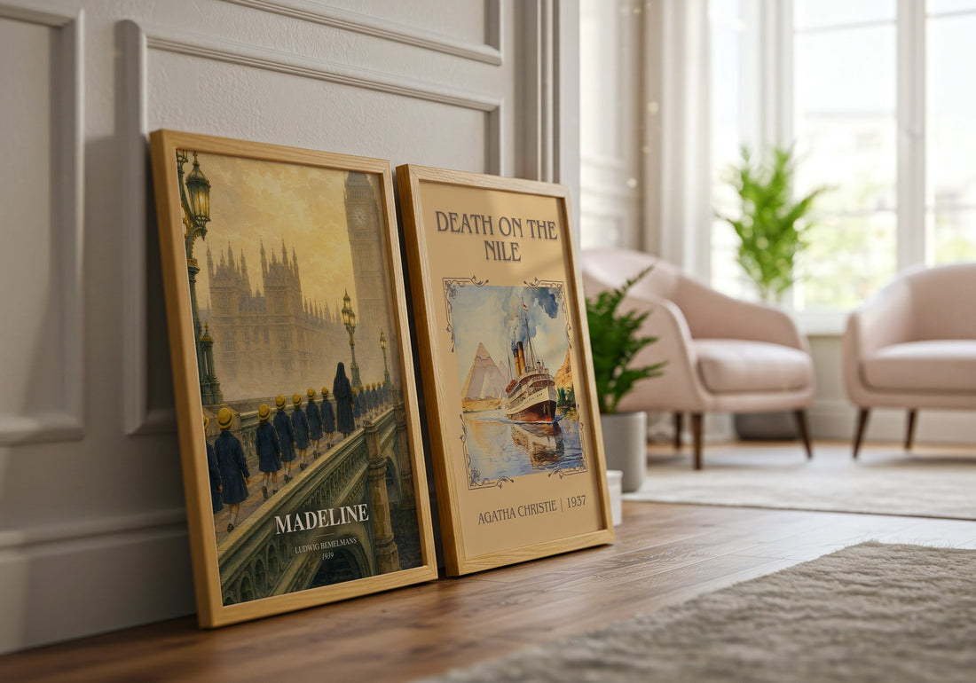 Madeline watercolour print framed by window – literary home decor
