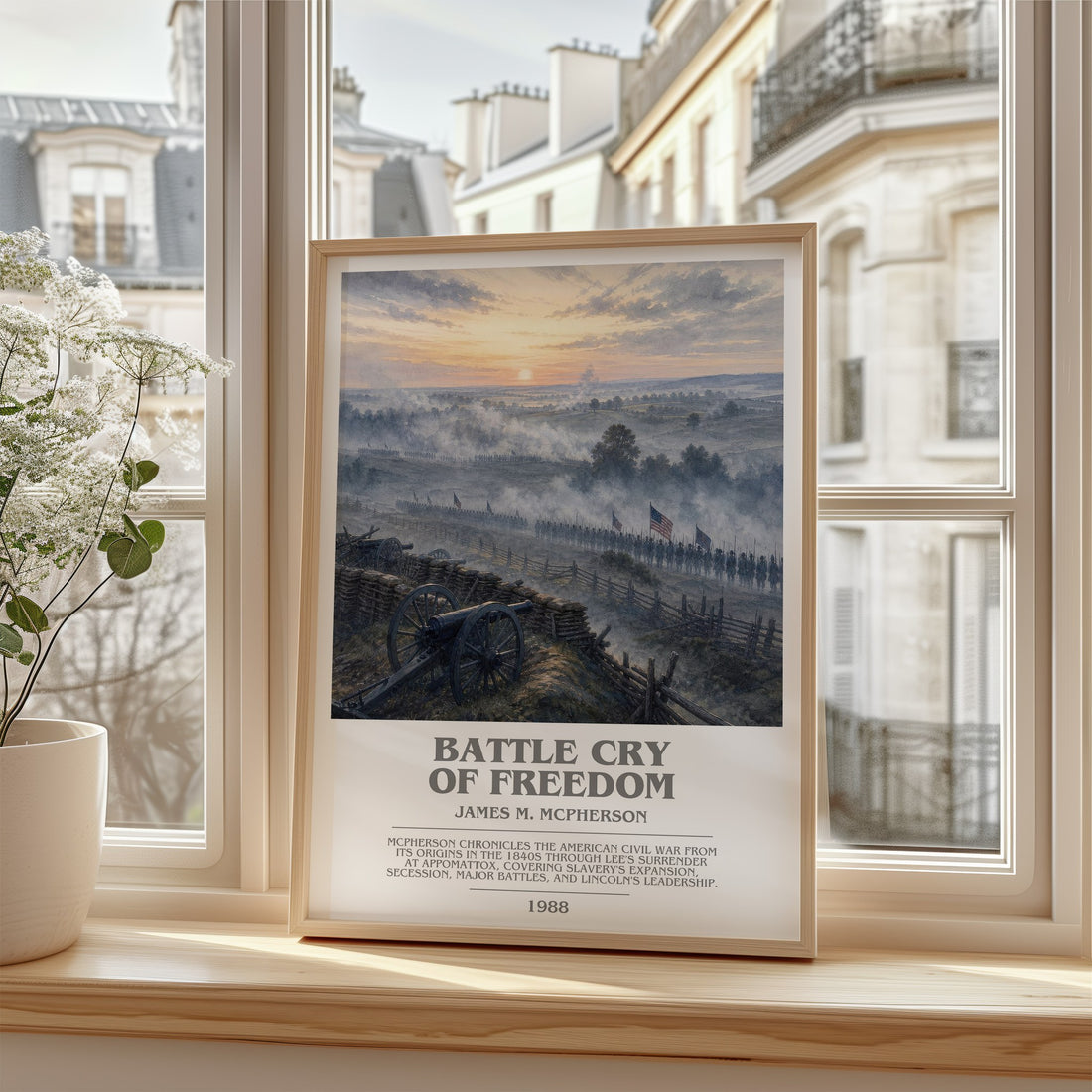 Battle Cry of Freedom Bookish Wall Art by James M. McPherson – framed print by a bright window